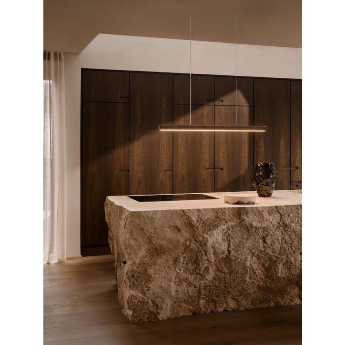 Akeno pendelskinne, 115 cm, mørkt tre / messing, Dimbar LED
