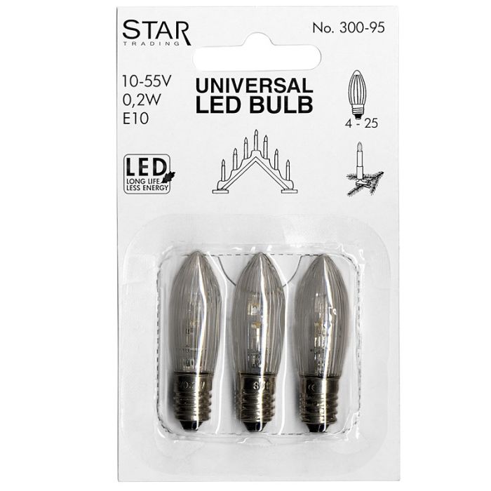 Reservepære Universal LED E10 10-46V 0,2W Topp klar, 3-pk