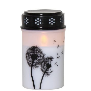 Dandelion gravlys med dekor, for batteri, med timer, høyde 12 cm, Hvit