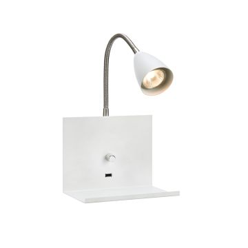 Logi vegglampe med hylle og USB, med dimmer, Hvit