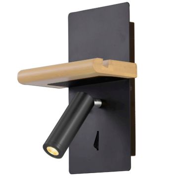 Elaine vegglampe med hylle og USB-utgang, Sort / Trehvit