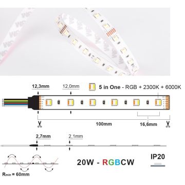 LED Strip 24V IP20 RGBCW 20W/m RGB+2300K+6000K, 5 meter pakke