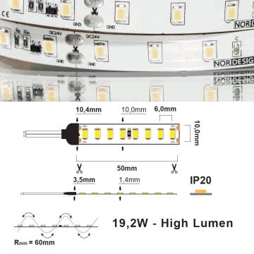 LED Strip 24V IP20 3000K 19,2W/m CC CRI>90 2380lm/m, 5 meter pakke