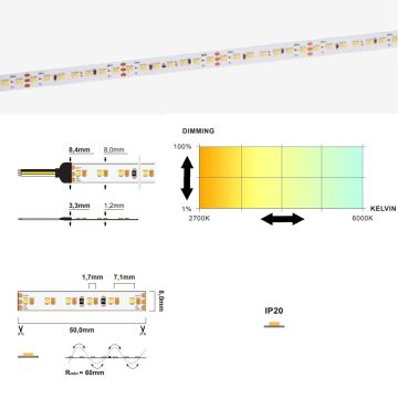 LED strip CCT 8,3W/M 24V IP20, Tunable hvit 2700K-6000K (5m)
