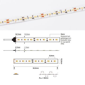 LED Strip 24V IP65 Nano 3000K-2300K, 9,8W/m, dim-to-warm, 5 meter pakke