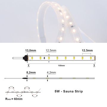 LED Strip 24V IP65 2700K 5W/m Sauna Strip, 5 meter pakke