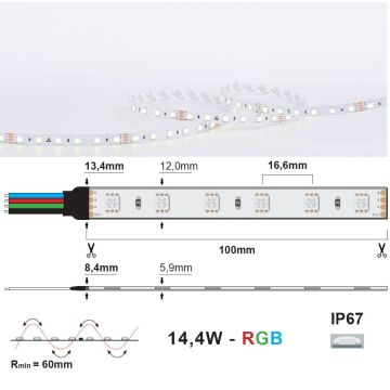 LED Strip 24V IP67 RGB 14,4W/m, 5 meter pakke