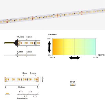 LED strip CCT 8,3W/M 24V IP67, Tunable hvit 2700K-6000K (5m)