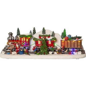 Largeville juleby med tog, lengde 47 cm, for både batteri og strøm, timer