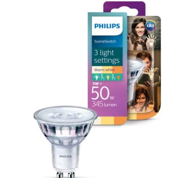 Philips GU10 Sceneswitch LED-pære 4,5W 350lm Step-dim 3 steg og fargetoning, 2700/2500/2200K (begrenset antall)