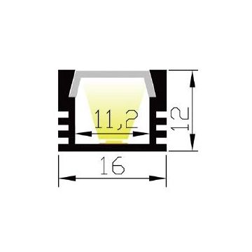 Aluminiumsprofil Lumistar 1612, 2 meter, Sort (RAL9005) / Frostet avdekning