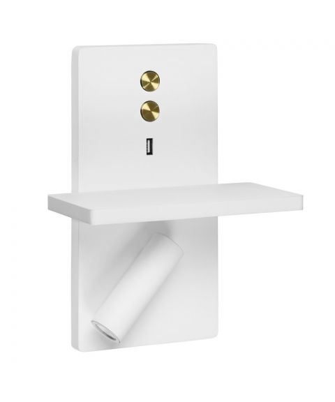Elamp vegglampe med hylle og USB-utgang, Hvit/Gull