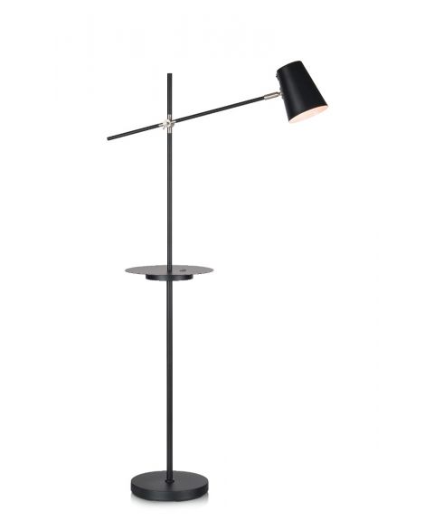 Linear gulvlampe, høyde 144 cm, med hylle og USB, Sort