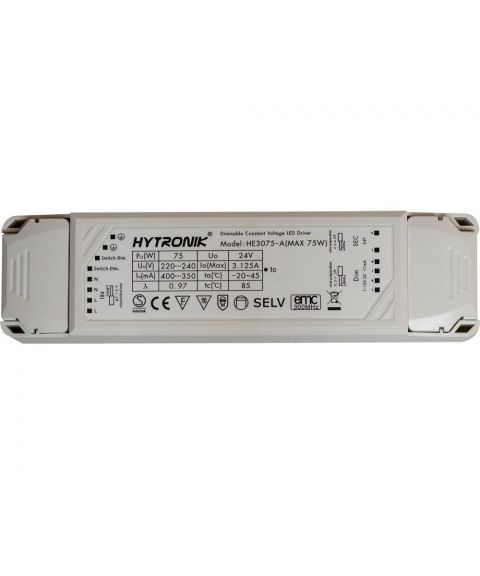 LED transformator 24V DC 75W, Hytronik, dimbar med Switch-Dim og 1-10V potmeter