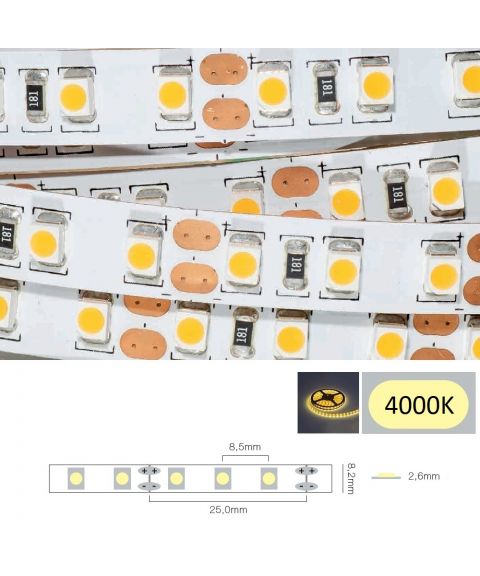 LED Strip 12V IP20 4000K 9,6W/m, CRI>80, 5 meter pakke