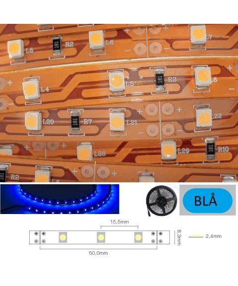 LED Strip 12V IP20 Blå 4,8W/m, CRI>80, 5 meter pakke