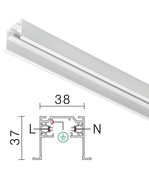 Vox strømskinne, 230V for dyp innfelling, Hvit, Uten tilkobling, 2 meter