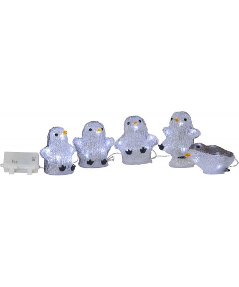 Crystalo pingviner, 5 stykk, LED (x40), kaldhvitt lys, for batteri, med timer, høyde 12 cm