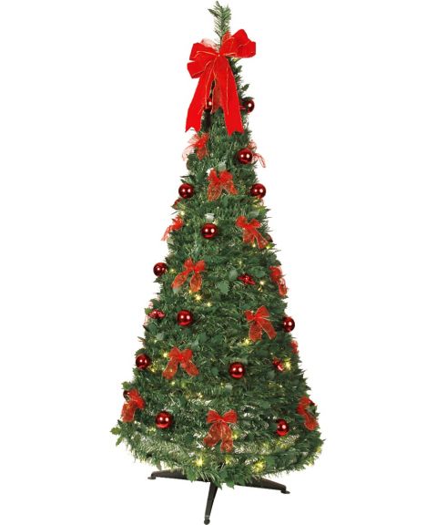 Juletre 180 cm, Dra-opp, med LED (x144), med pynt, Grønn / rød (begrenset antall)