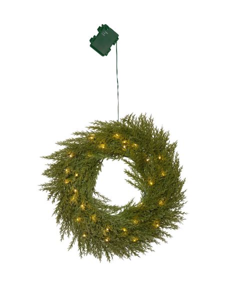 Thuja krans, diameter 45 cm, varmhvit LED (x30), Grønn, for batteri, med timer