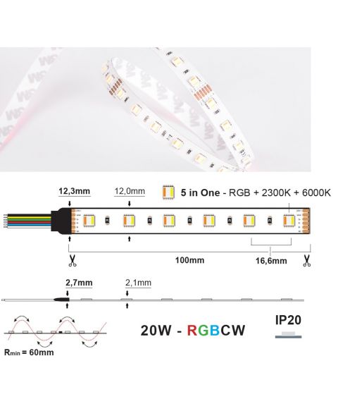 LED Strip 24V IP20 RGBCW 20W/m RGB+2300K+6000K, 5 meter pakke