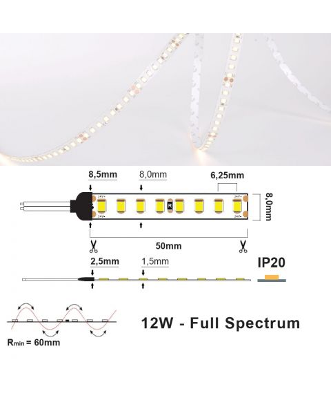 LED Strip 24V IP20 3000K 12W/m, Full spectrum, 5 meter pakke
