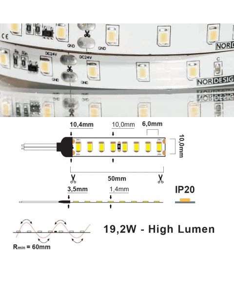 LED Strip 24V IP20 3000K 19,2W/m CC CRI>90 2380lm/m, 5 meter pakke