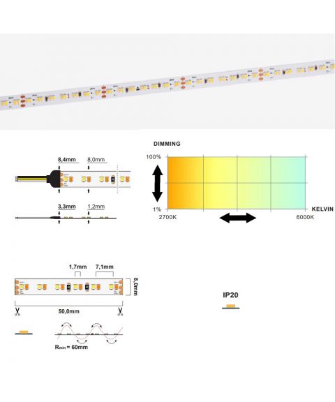 LED strip CCT 8,3W/M 24V IP20, Tunable hvit 2700K-6000K (5m)