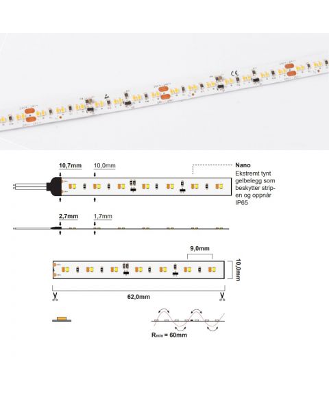 LED Strip 24V IP65 Nano 3000K-2300K, 9,8W/m, dim-to-warm, 5 meter pakke