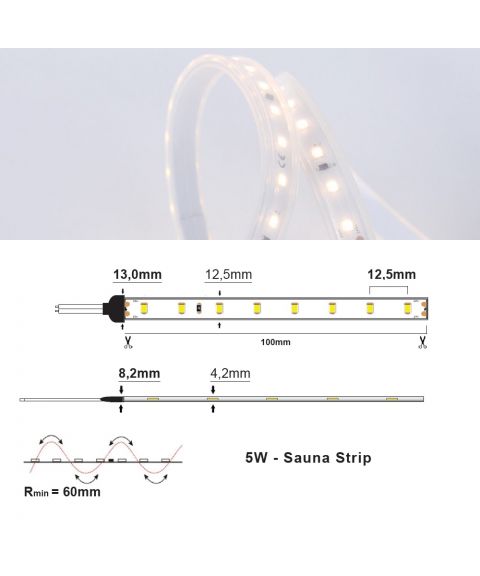 LED Strip 24V IP65 2700K 5W/m Sauna Strip, 5 meter pakke