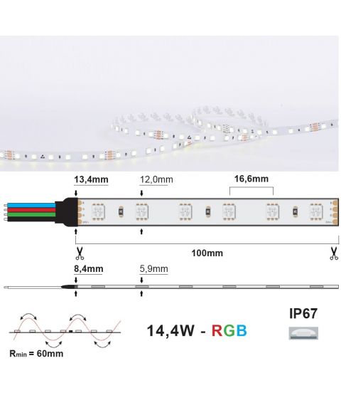 LED Strip 24V IP67 RGB 14,4W/m, 5 meter pakke