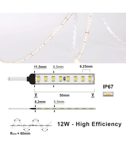 LED Strip 24V IP67 3000K 12W/m, 5 meter pakke
