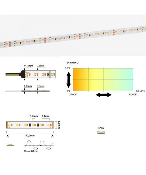 LED strip CCT 8,3W/M 24V IP67, Tunable hvit 2700K-6000K (5m)