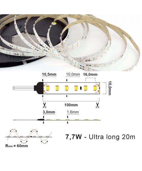 LED Strip 24V IP20 3000K 7,7W/m CC CRI>90, 20 meter pakke