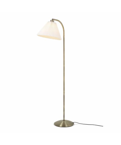 Medina gulvlampe, høyde 132 cm, hvit plisseskjerm, Antikk messing