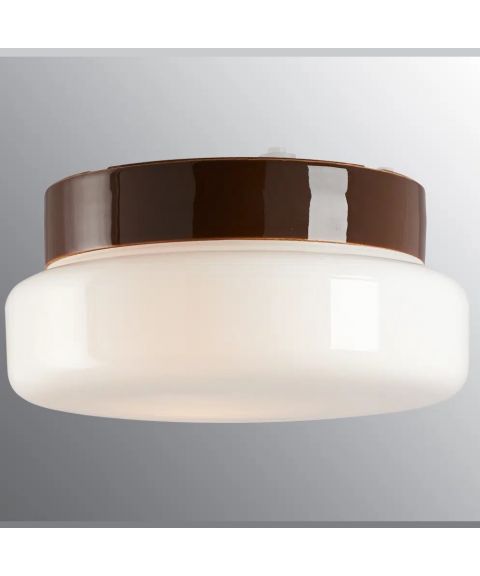 Classic Badstu taklampe E27 IP44, diameter 24 cm, Blankt opalhvitt glass, Brun