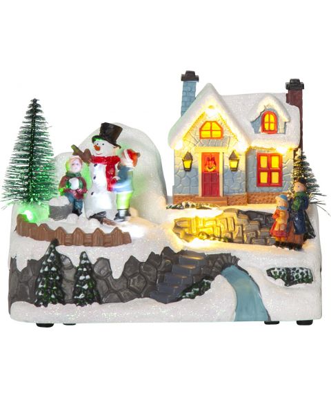 Winterville juleby med musikk, lekende barn og snømann, høyde 13 cm, for batteri, med timer