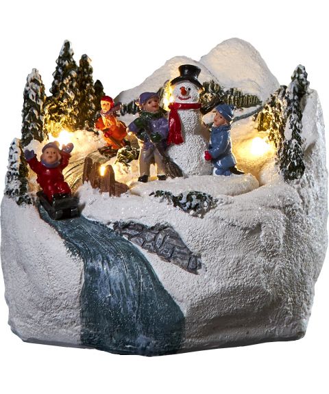 Winterville med barn og snømann, høyde 10,5 cm, for batteri, med timer