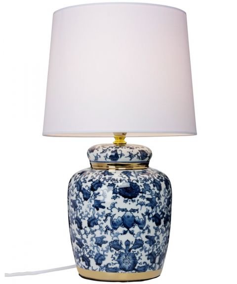 Klassisk bordlampe i keramikk, høyde 44 cm, Blå / Gull / Hvit skjerm