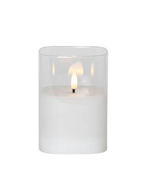 Flamme lys i glass, høyde 12 cm, for batteri, med timer, Hvit