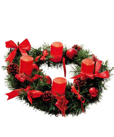 Krans Deco Advent, med 4 batteridrevne vokslys, Grønn med rød pynt (begrenset antall)