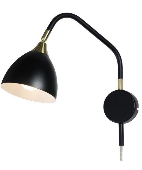 Läza vegglampe med lang arm, Sort / Børstet messing