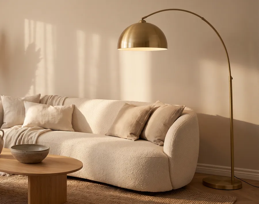 Lys stue med buet gulvlampe i messing over en kremhvit sofa
