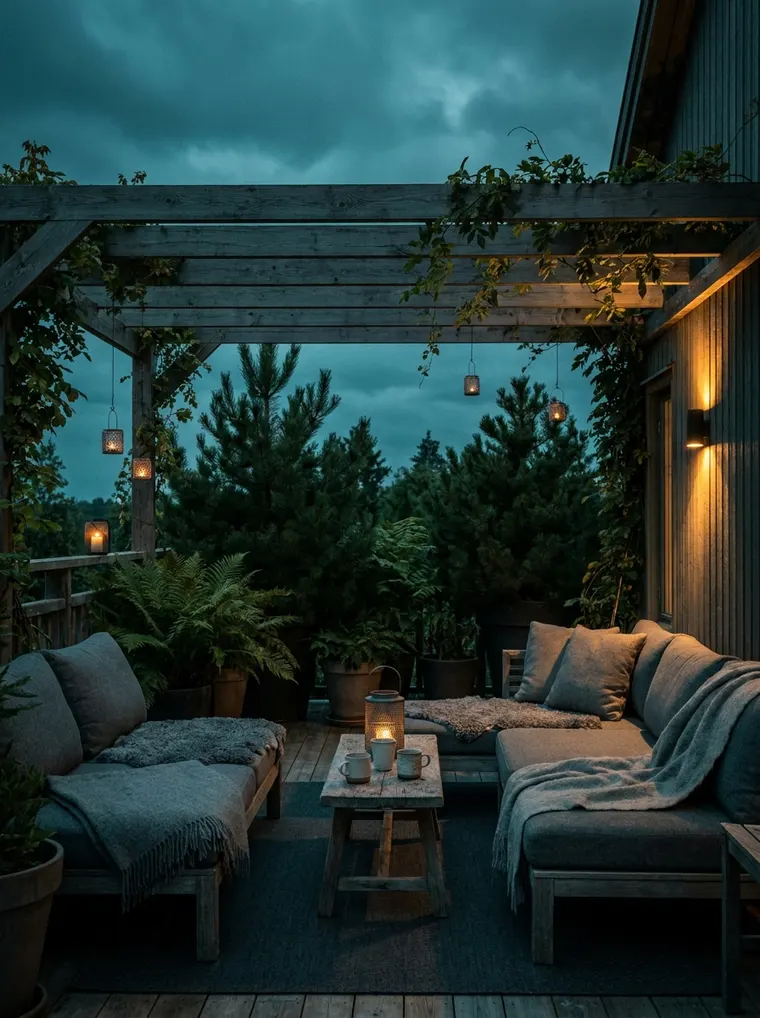 Terrasse med varme utelamper i skumringen